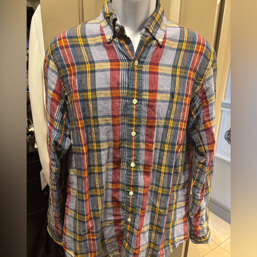 Ralph Lauren Indigo Linen Plaid Button Down Shirt - Size M